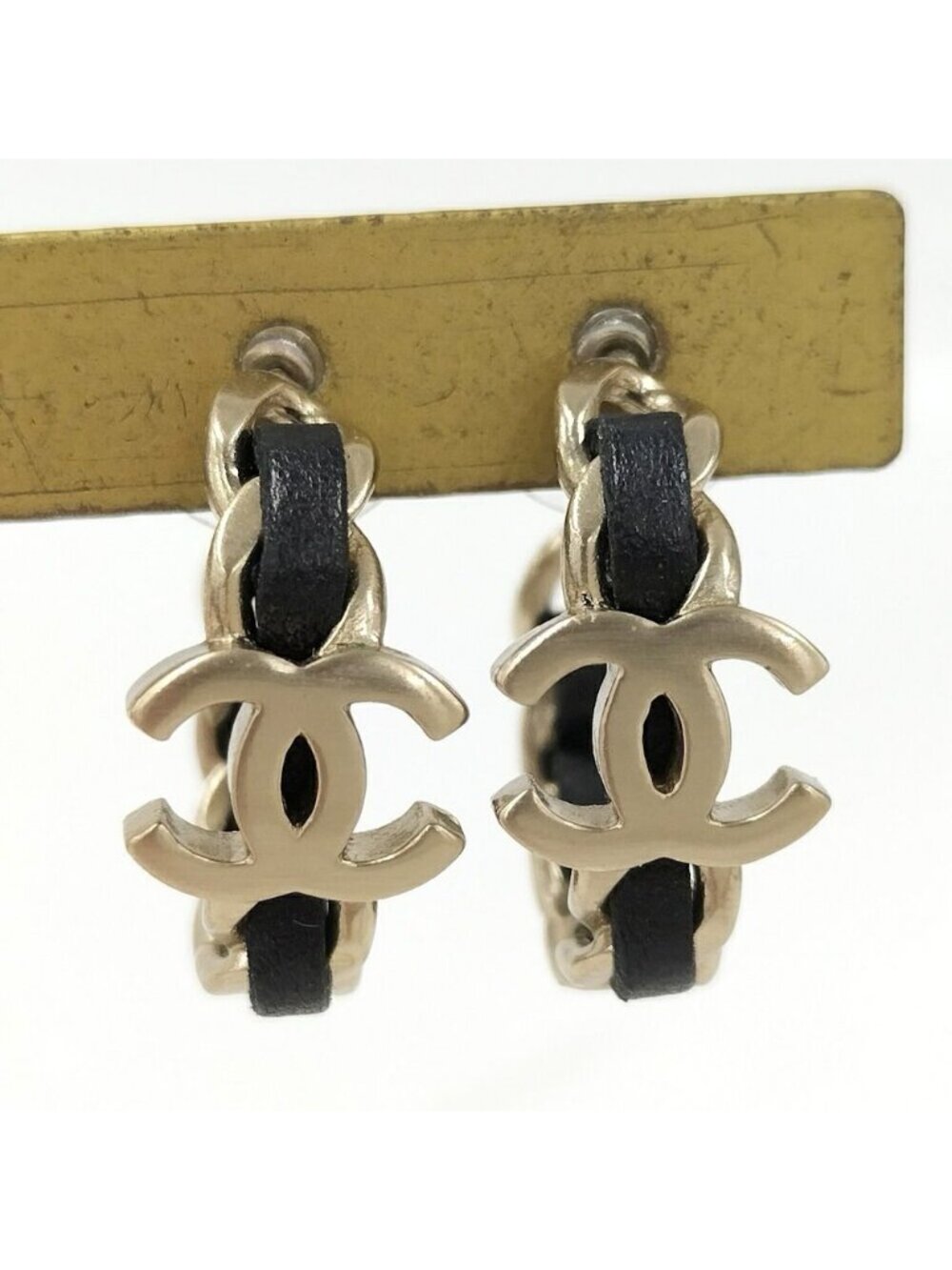 Chanel 16B Hoop Earrings CC Logo Chain Motif Plated Gold Black